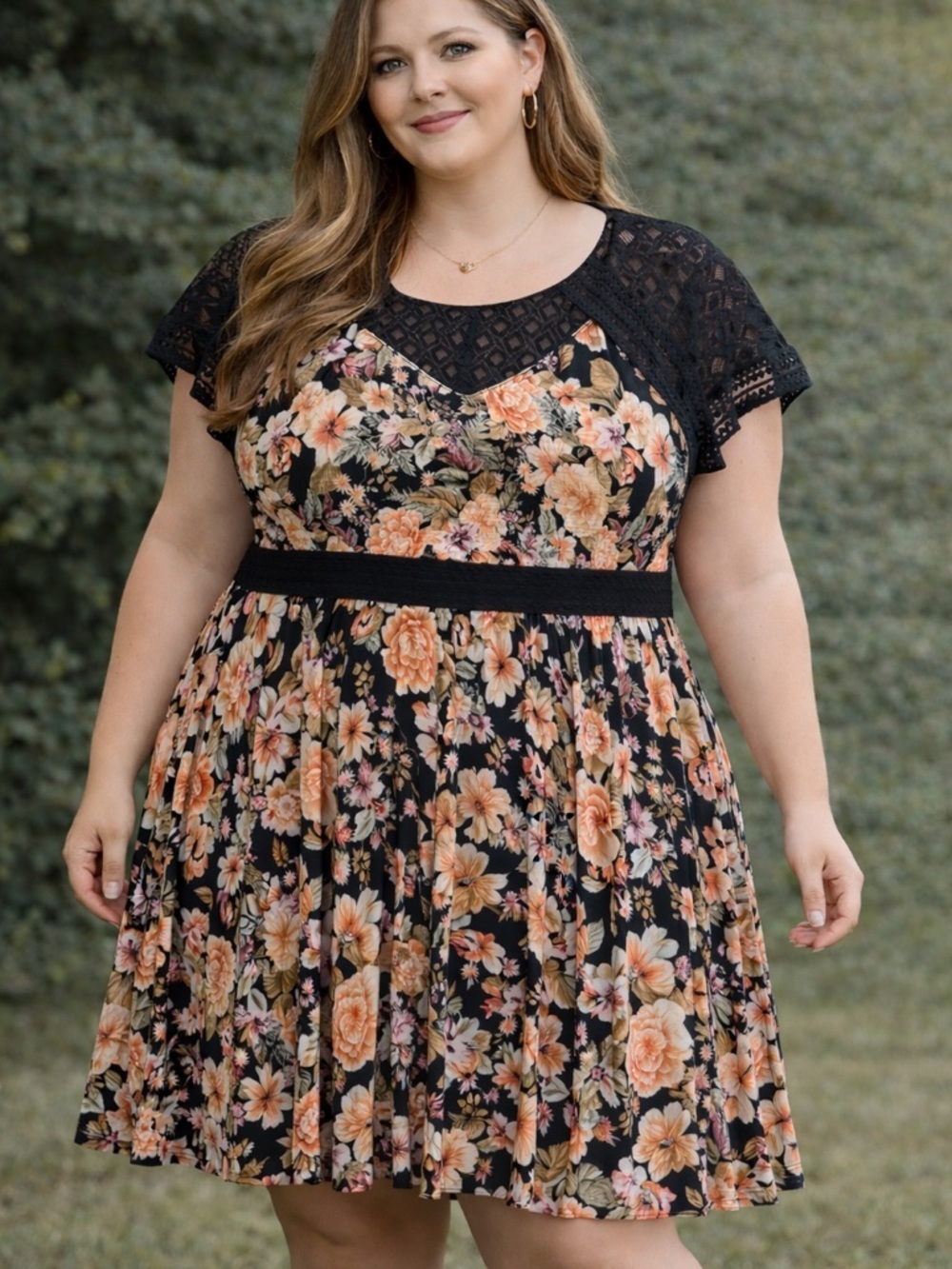 Torrid Black Floral Fit & Flare Dress Plus Size 3 Lace Sleeve Midi Dress